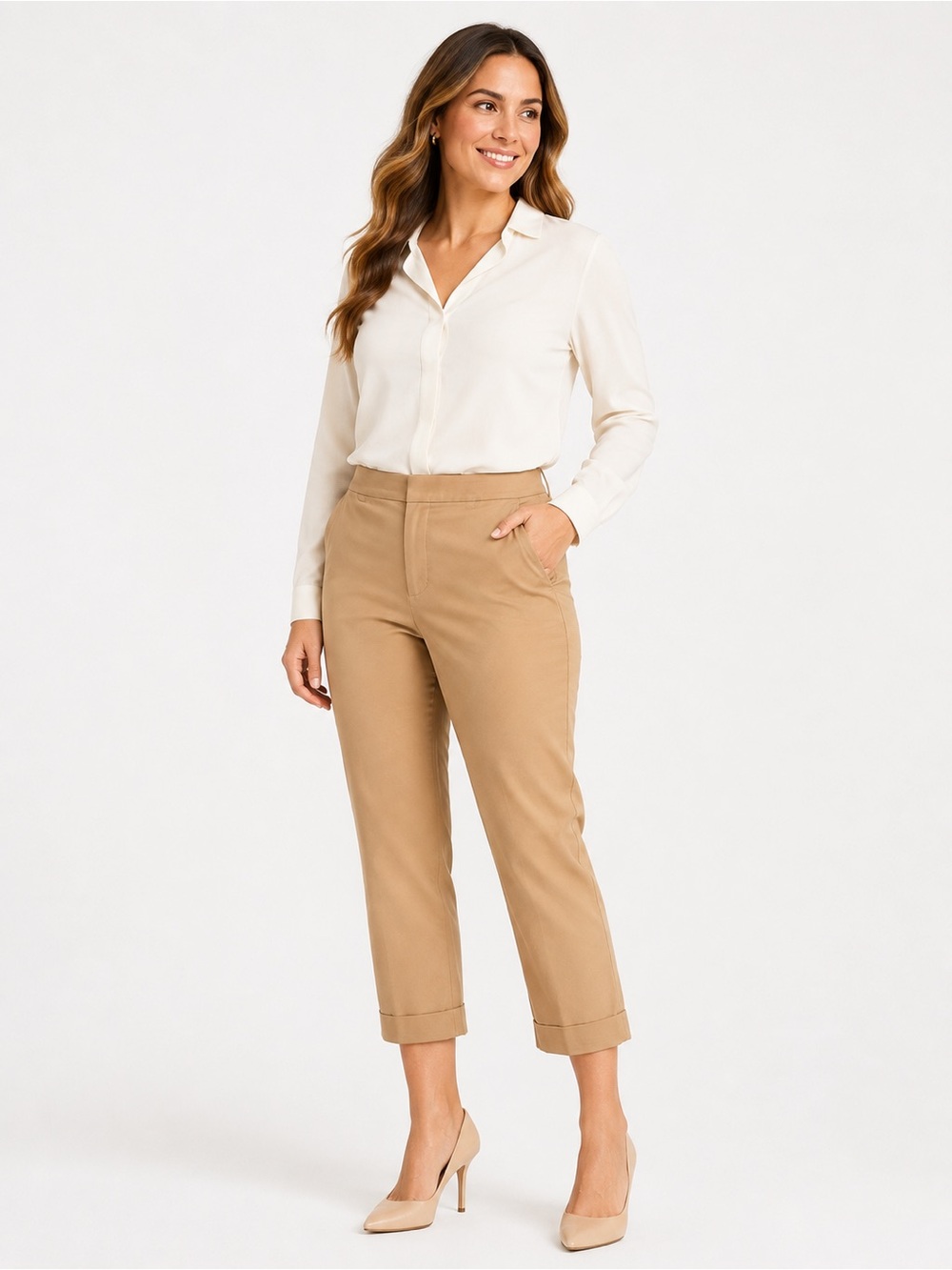Ann Taylor Curvy Fit Size 8 Tan Cropped Ankle Pants Cotton‎ Stretch Career